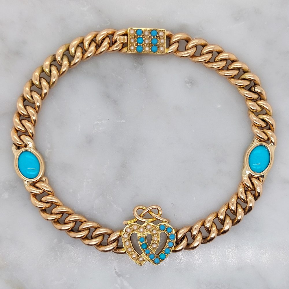 Antique Victorian Turquoise and Seed Pearl Heart Bracelet