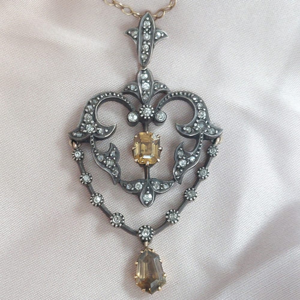 Antique Victorian Zircon & Diamond Pendant Necklace