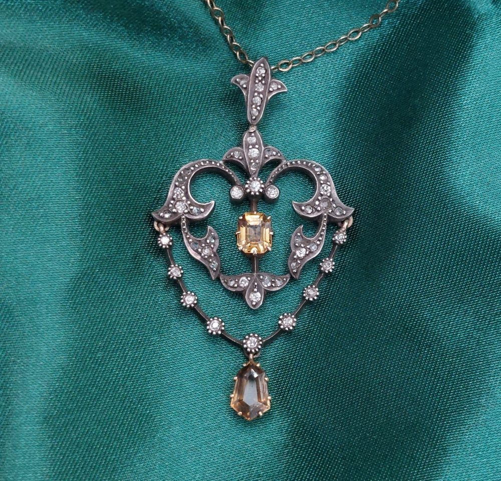 Antique Victorian Zircon & Diamond Pendant Necklace