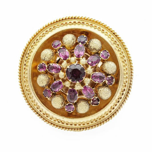 Victorian Antique Amethyst and Gold Circular Brooch, Circa 1870