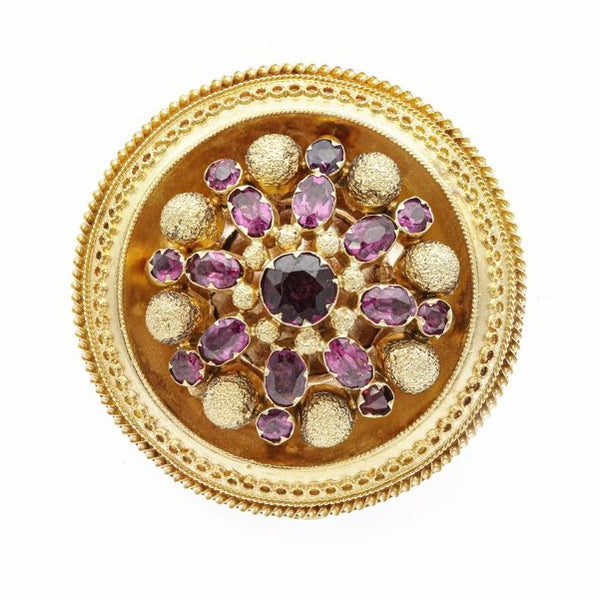 Victorian Antique Amethyst and Gold Circular Brooch, Circa 1870
