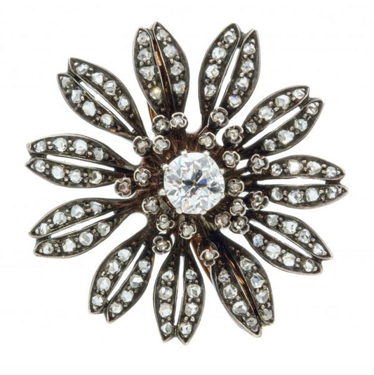 Victorian Antique Diamond Flower Brooch, 0.60 carats