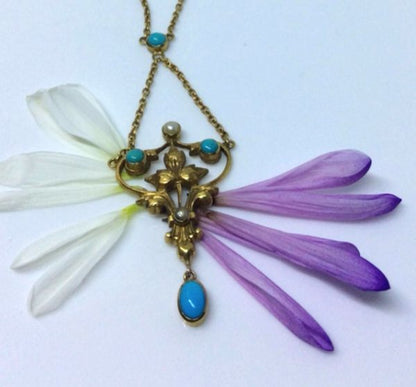 Antique Turquoise, Pearl and Gold Pendant Necklace Circa 1870
