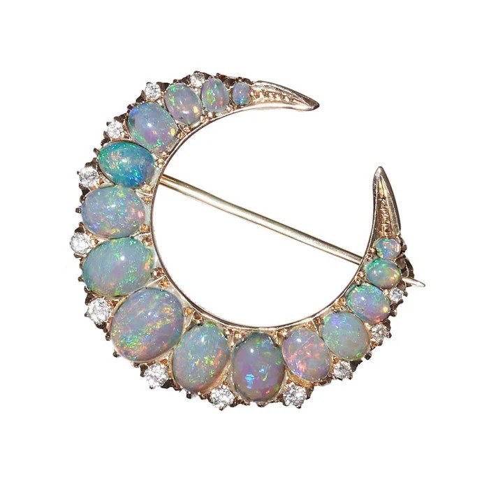 Antique Victorian Opal and Diamond Crescent Moon Brooch