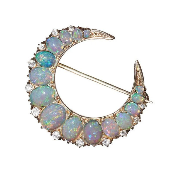 Antique Victorian Opal and Diamond Crescent Moon Brooch