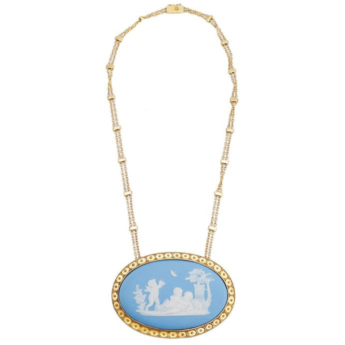 Victorian Antique Wedgwood Blue and White Jasperware Pendant Necklace