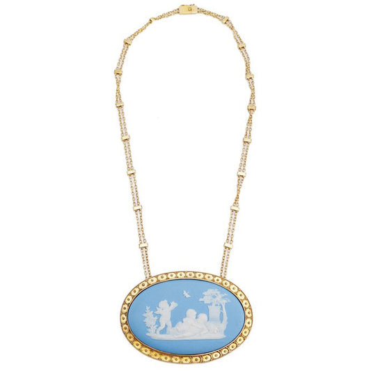 Victorian Antique Wedgwood Blue and White Jasperware Pendant Necklace
