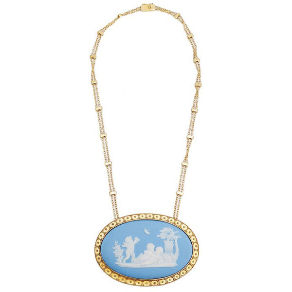 Victorian Antique Wedgwood Blue and White Jasperware Pendant Necklace