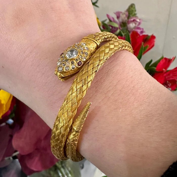 Antique Woven Gold Snake Bracelet with Diamond Head and Ruby Eyes