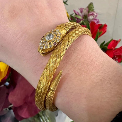 Antique Woven Gold Snake Bracelet with Diamond Head and Ruby Eyes