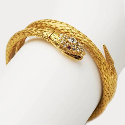 Antique Woven Gold Snake Bracelet with Diamond and Ruby