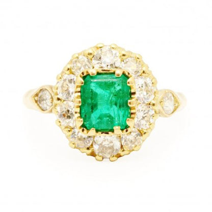 Antique Emerald and Old Cut Diamond Cluster Ring