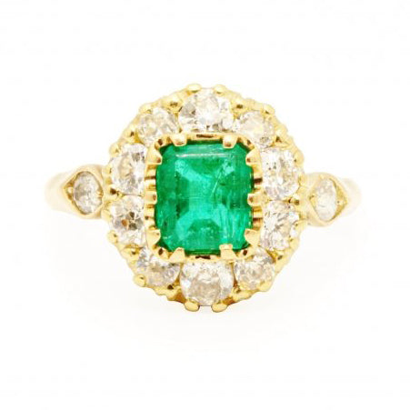Antique Emerald and Old Cut Diamond Cluster Ring