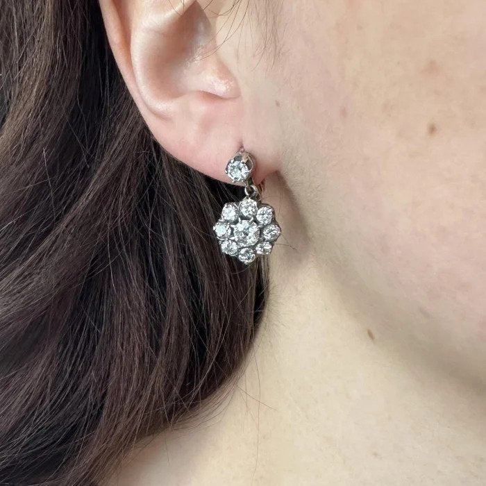 Antique Old Cut Diamond Cluster Drop Earrings