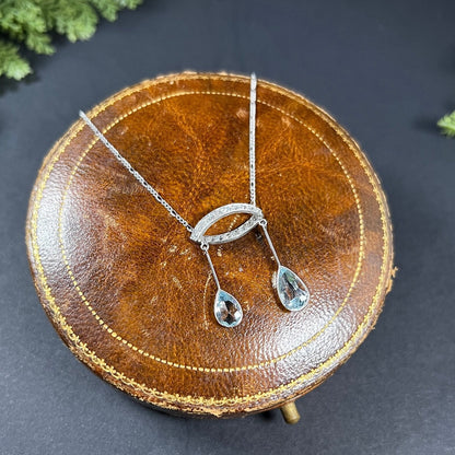 Antique Aquamarine Two Stone and Diamond Necklace