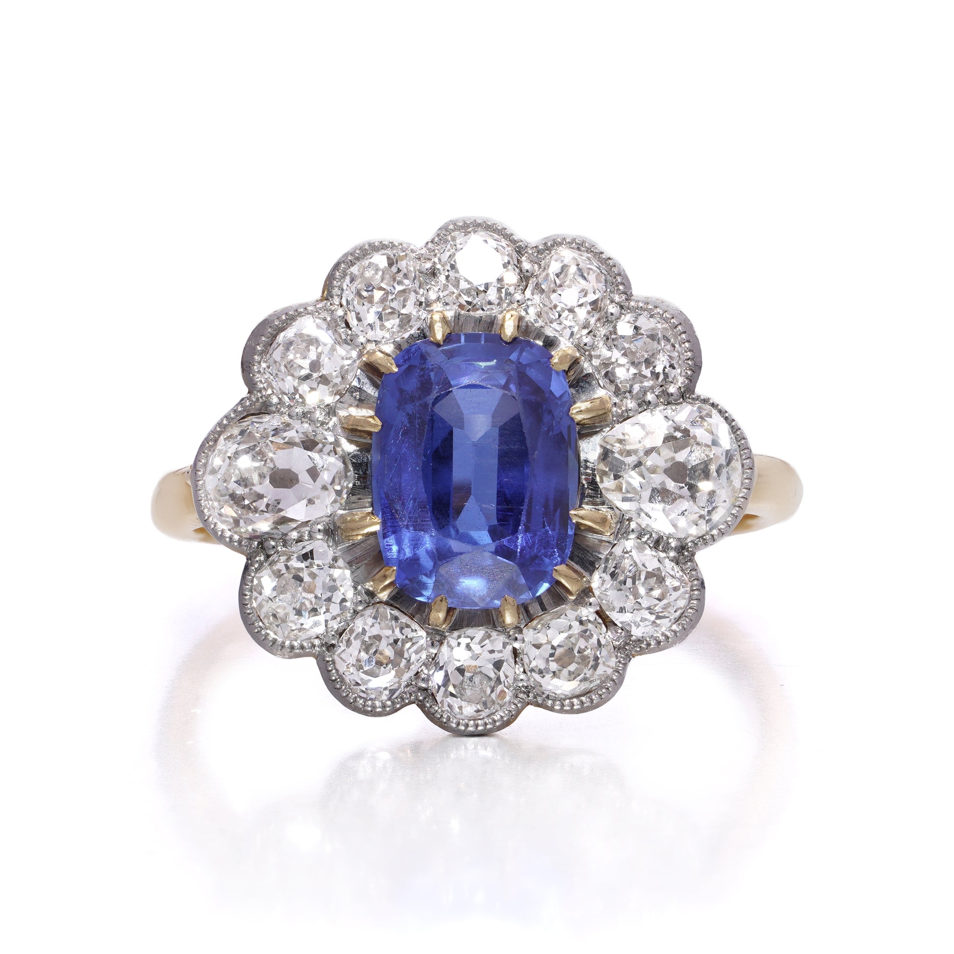 Antique Burma Sapphire and diamond cluster ring No heat Royal blue 2 carats 