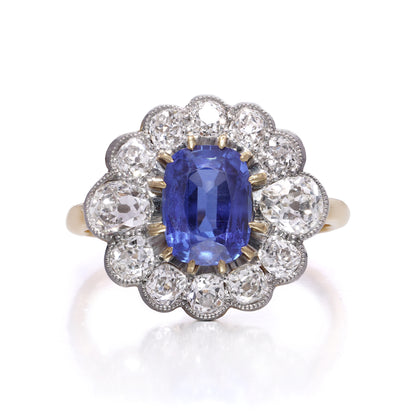 Antique Burma Sapphire and diamond cluster ring No heat Royal blue 2 carats 