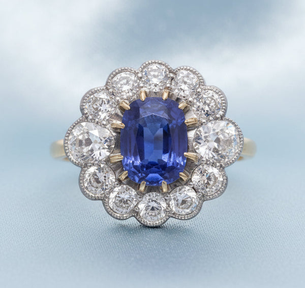 Art Deco Burma Sapphire and diamond cluster ring No heat Royal blue 2 carats 