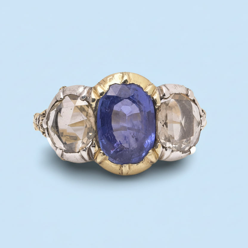 Antique Early Victorian 2 ct Ceylon Sapphire & Rose Cut Diamond Three-Stone Ring