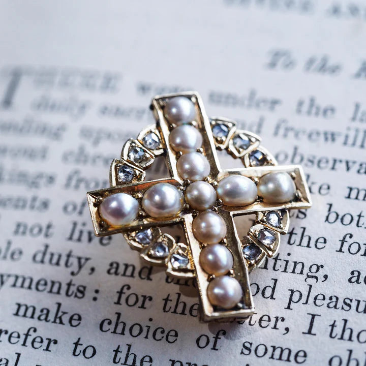 Victorian Antique Diamond and Pearl Cross Pendant come Brooch, Circa 1880