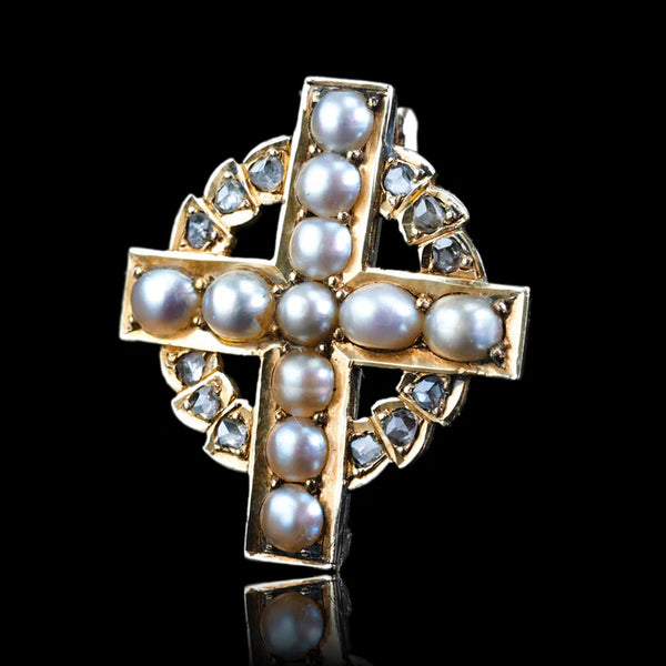 Victorian Antique Diamond and Pearl Cross Pendant come Brooch, Circa 1880