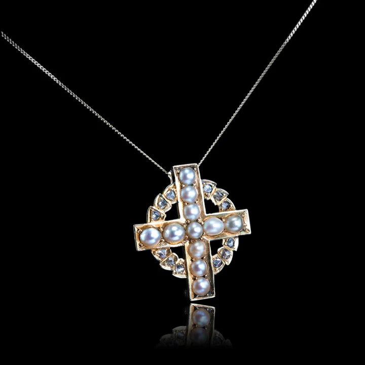 Victorian Antique Diamond and Pearl Cross Pendant come Brooch, Circa 1880