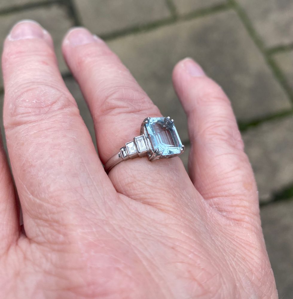 2.60ct Aquamarine and Baguette Diamond Dress Ring in Platinum