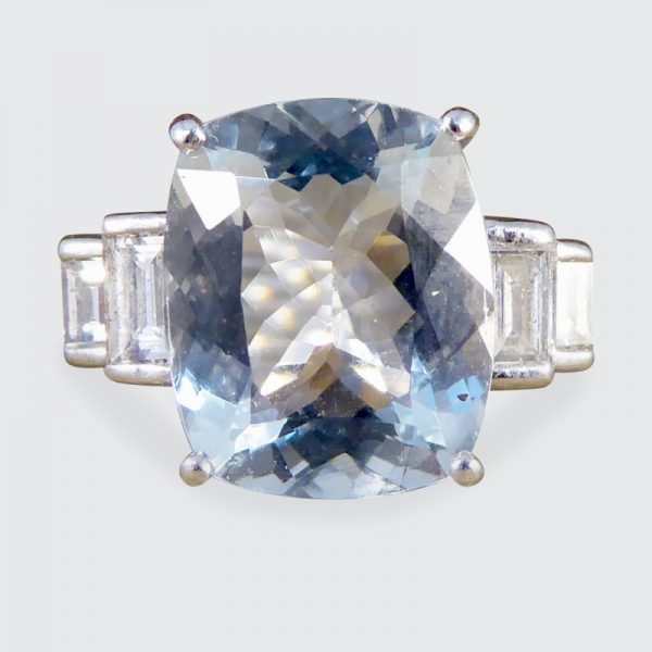 Aquamarine 4.60ct and Baguette Cut Diamond Ring