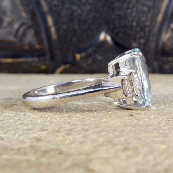 Aquamarine 4.60ct and Baguette Cut Diamond Ring