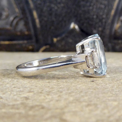 Aquamarine 4.60ct and Baguette Cut Diamond Ring