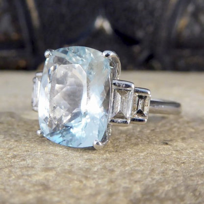 Aquamarine 4.60ct and Baguette Cut Diamond Ring