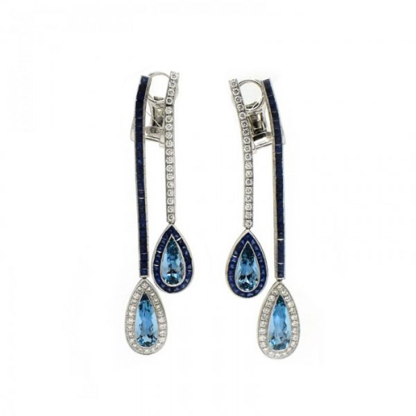 Aquamarine Sapphire Diamond Double Drop Earrings