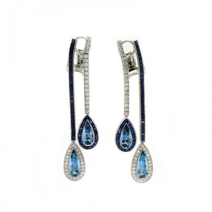 Aquamarine Sapphire Diamond Double Drop Earrings