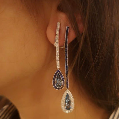 Aquamarine Sapphire Diamond Double Drop Earrings