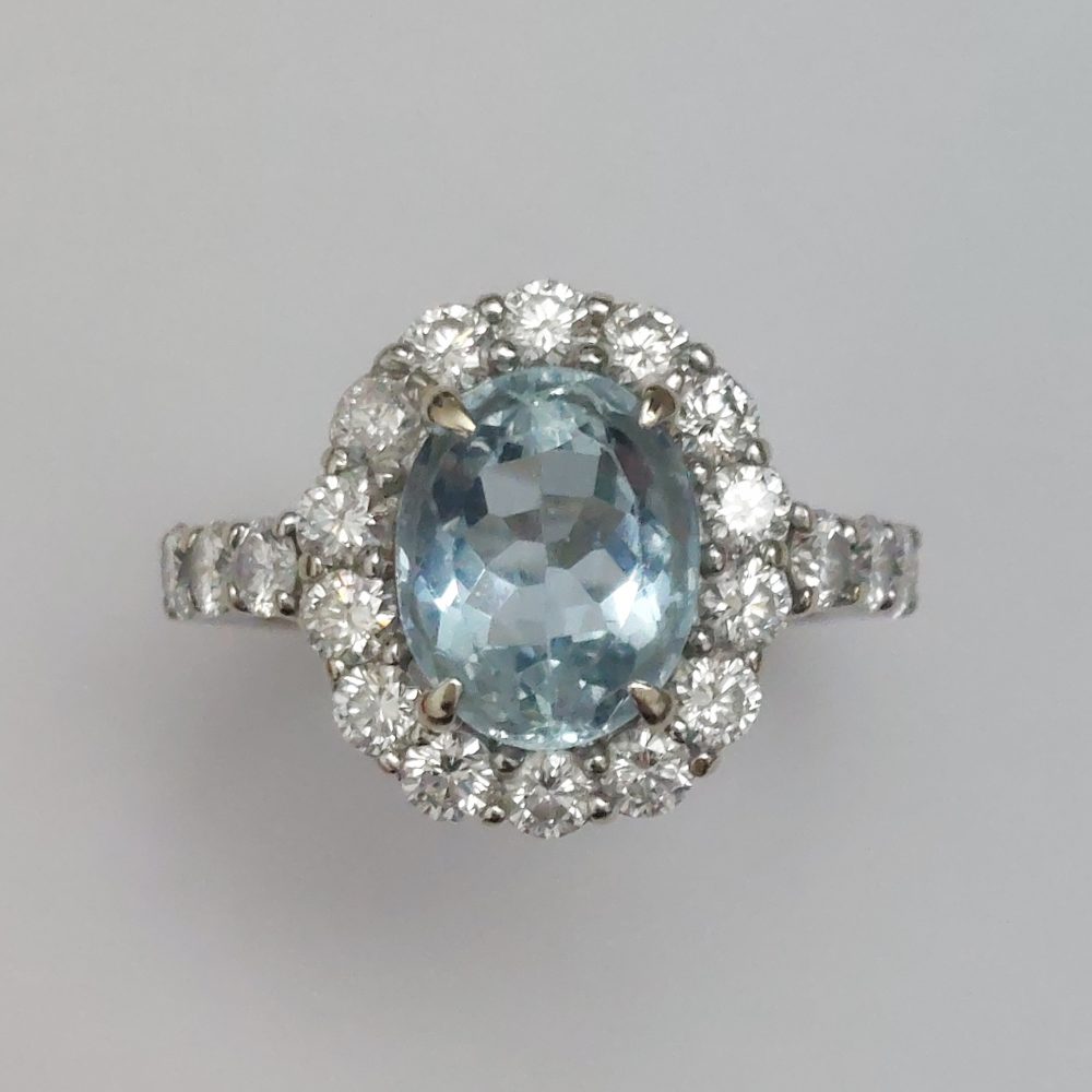 Aquamarine and Diamond Oval Cluster Ring