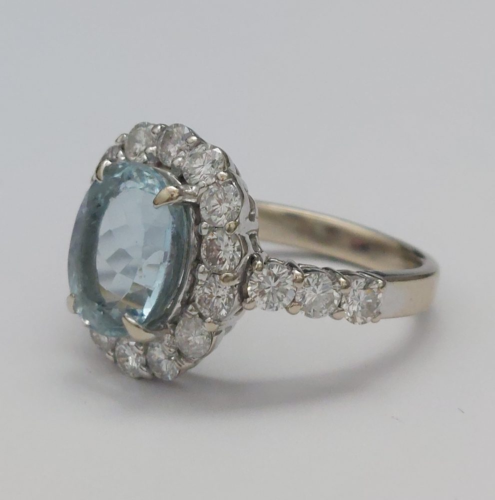 Aquamarine and Diamond Oval Cluster Ring