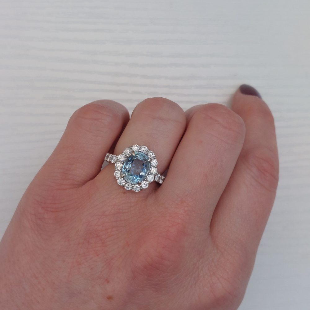 Aquamarine and Diamond Oval Cluster Ring
