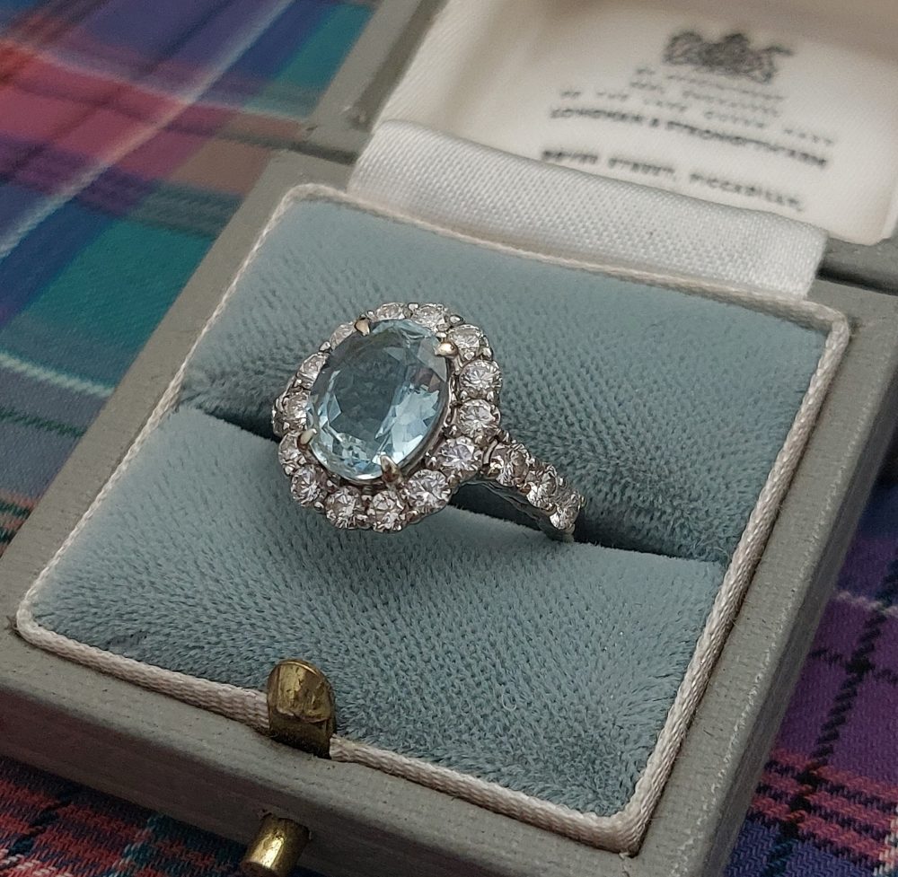 Aquamarine and Diamond Oval Cluster Ring