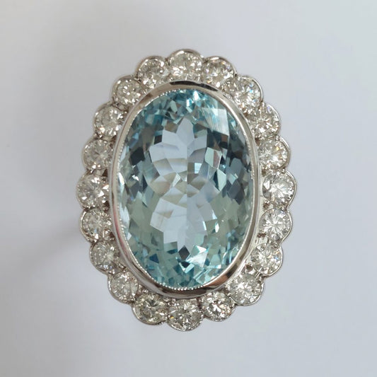 Aquamarine and Diamond Oval Cluster Ring in 18ct White Gold