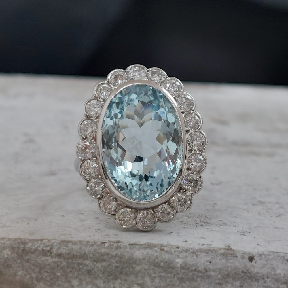 Aquamarine and Diamond Oval Cluster Ring in 18ct White Gold