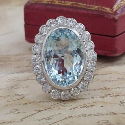 Aquamarine and Diamond Oval Cluster Ring in 18ct White Gold