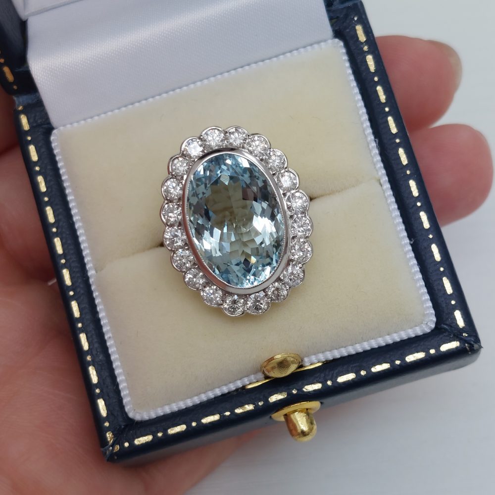 Aquamarine and Diamond Oval Cluster Ring in 18ct White Gold