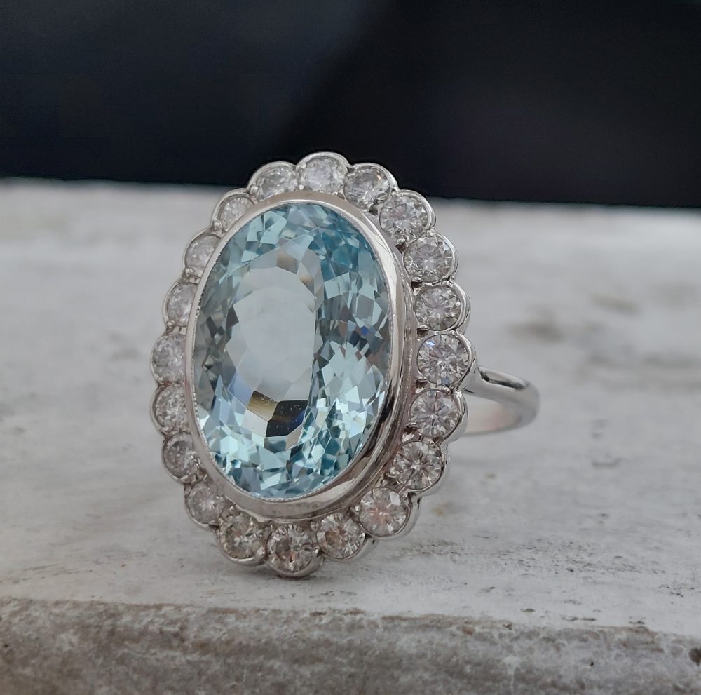 Aquamarine and Diamond Oval Cluster Ring in 18ct White Gold