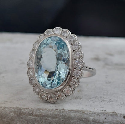 Aquamarine and Diamond Oval Cluster Ring in 18ct White Gold
