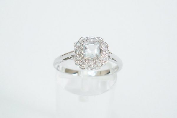 Aquamarine and Diamond Square Cluster Ring