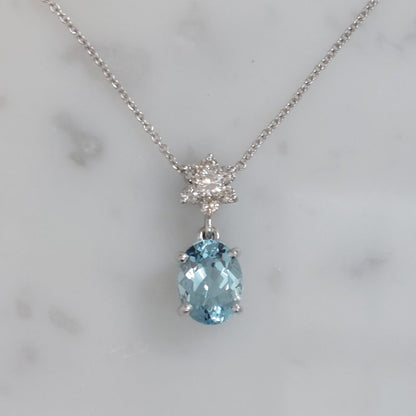 Aquamarine and Floral Diamond Cluster Pendant Necklace, 1.77ct