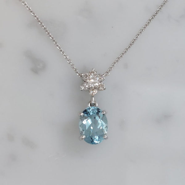 Aquamarine and Floral Diamond Cluster Pendant Necklace, 1.77ct