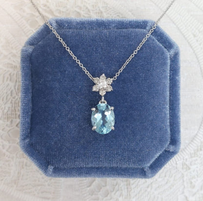 Aquamarine and Floral Diamond Cluster Pendant Necklace, 1.77ct