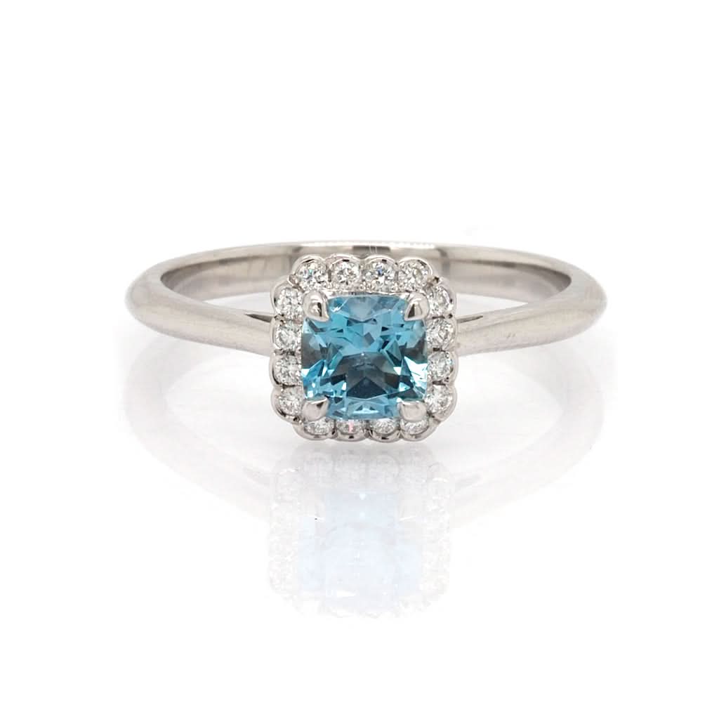 Platinum, Aquamarine And Diamond Cluster Engagement Ring