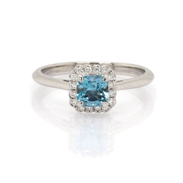 Platinum, Aquamarine And Diamond Cluster Engagement Ring